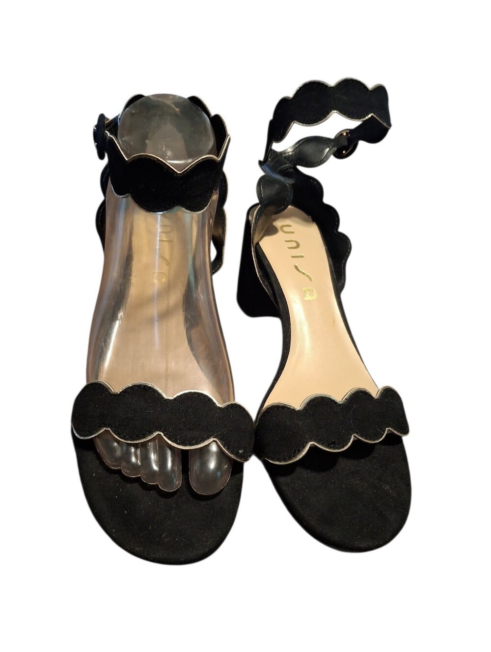 Unisa Black Velvet Strappy Sandals Size 8 Chunky Heel Open Toe Dress Shoes